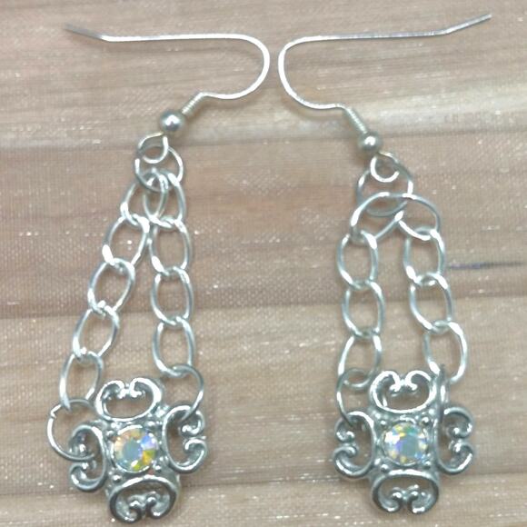 Chandelier Filigree Crystal Dangle Earrings AB Silver Tone Chain Maille Flower - Picture 6 of 12